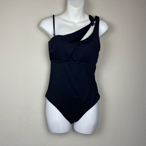 BECCA Black Asymmetrical Neckline One-Piece‎ Swimsuit Sz M Open Tie Back Beach - Picture 1 of 5